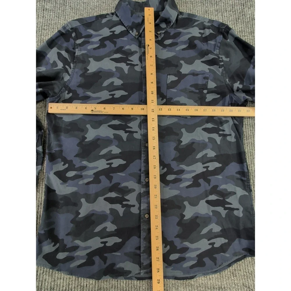 Banana Republic Luxe Flannel Shirt Mens L Blue Camo Untucked Slim Fit Stretch
